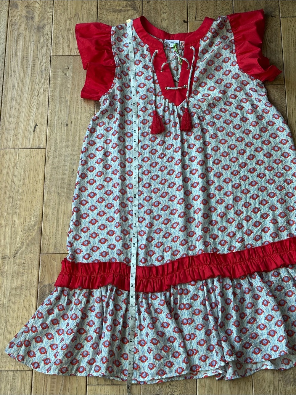 NEW Voy Red Printed Contrast Ruffle Sleeve Tiered Dress size Small - Picture 10 of 11
